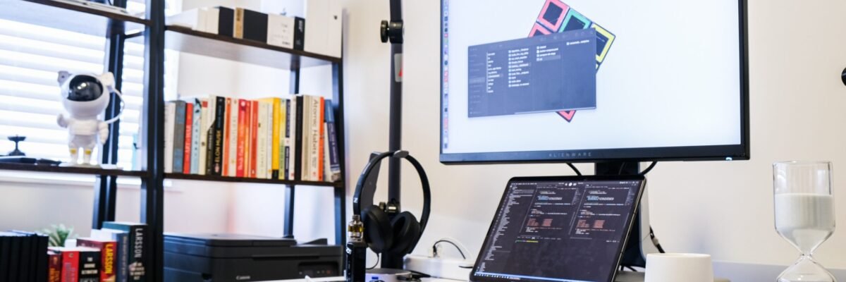 a laptop and a monitor on a desk