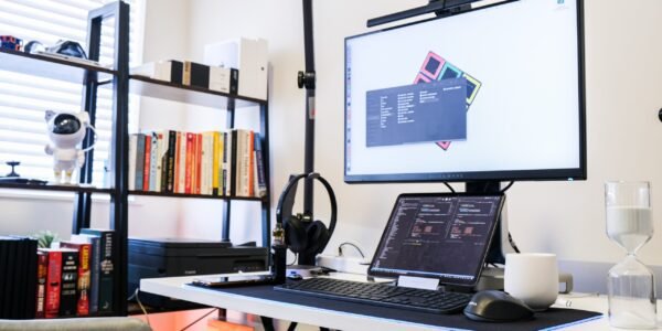a laptop and a monitor on a desk