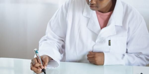 Young chemist in lab coat writing chemical formulas on a glass board in a laboratory setting.