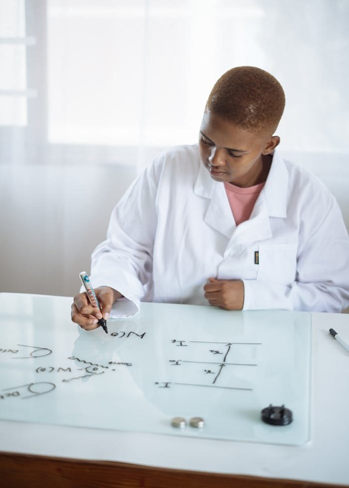 Young chemist in lab coat writing chemical formulas on a glass board in a laboratory setting.